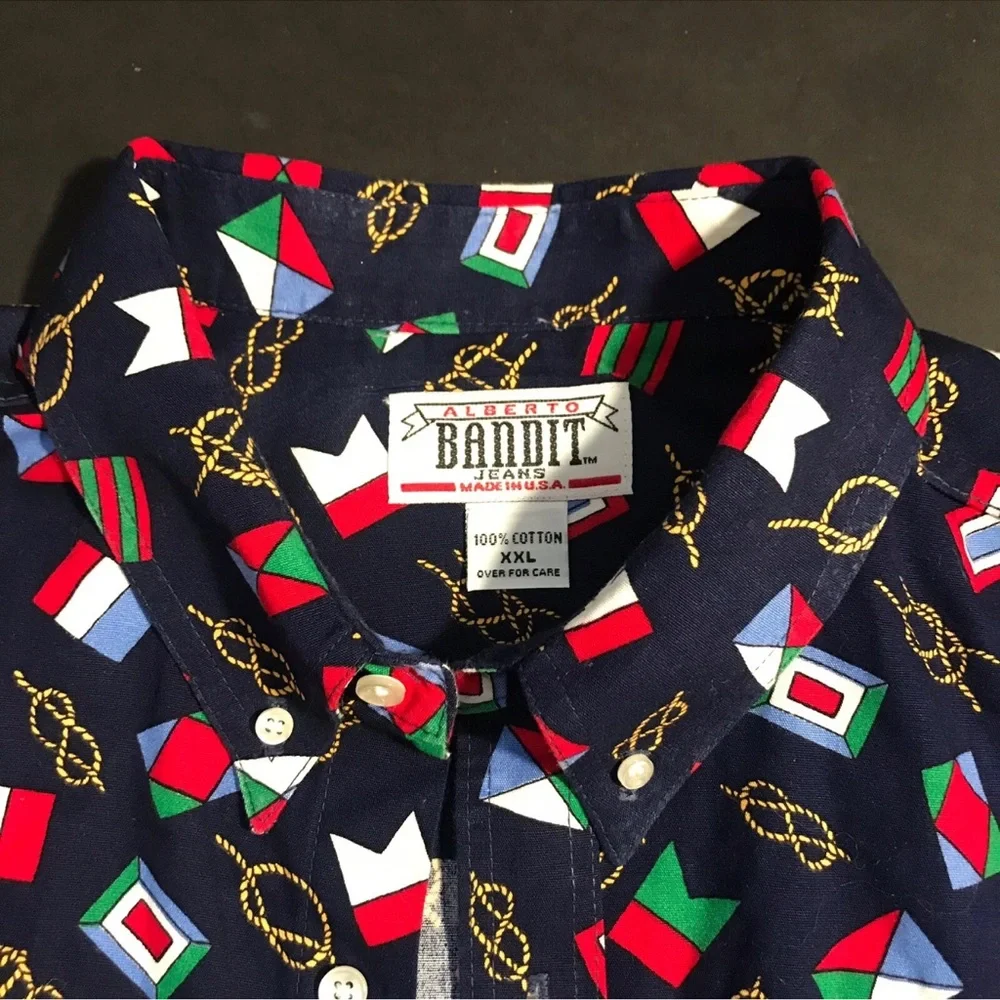 Men's Vintage Nautical Print Button Down Shirt Blue Multi